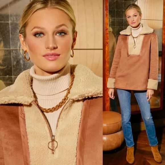 NEW Tuckernuck Jacket Shearling Fleece Quarter Zip Coat Brown Tan Size XS - Picture 4 of 7